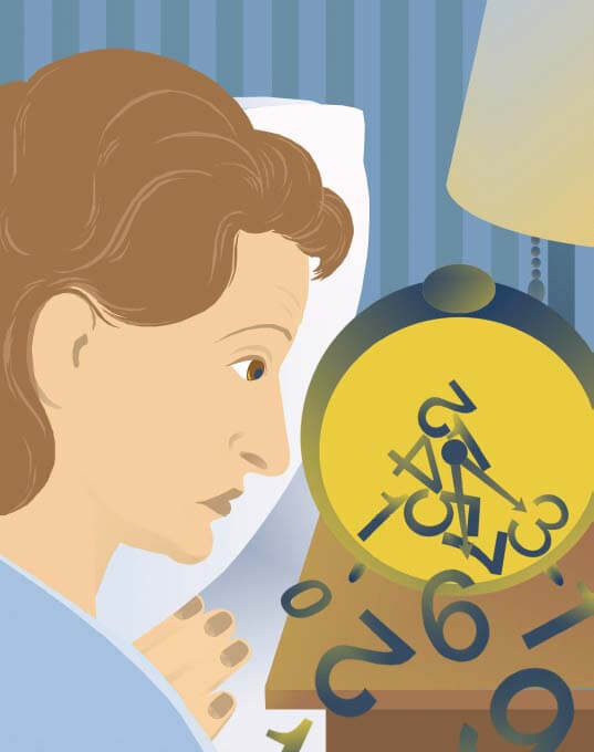 Woman with insomnia looking at clock